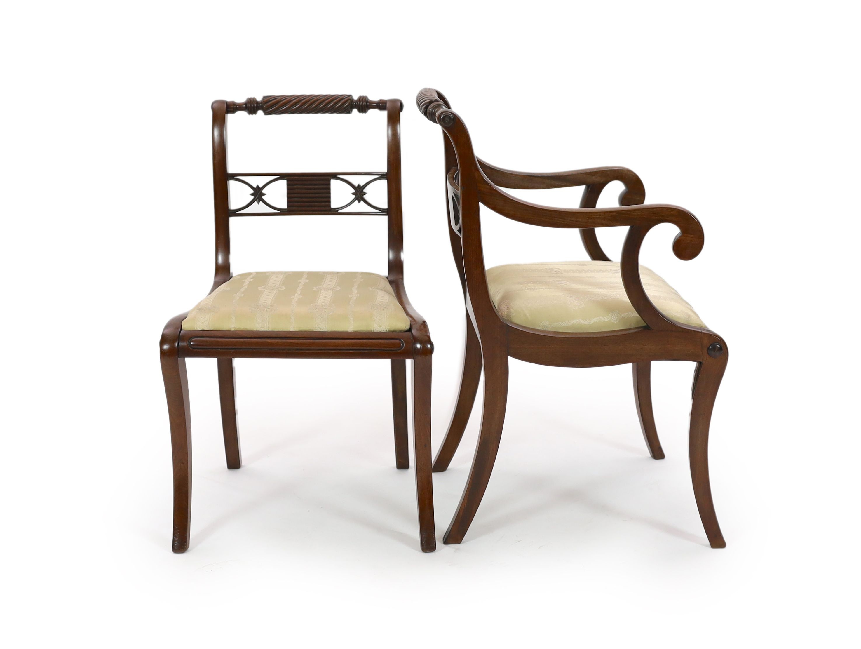 A set of eight Regency mahogany dining chairs, including two carvers, carvers W.54cm D.56cm H.84cm